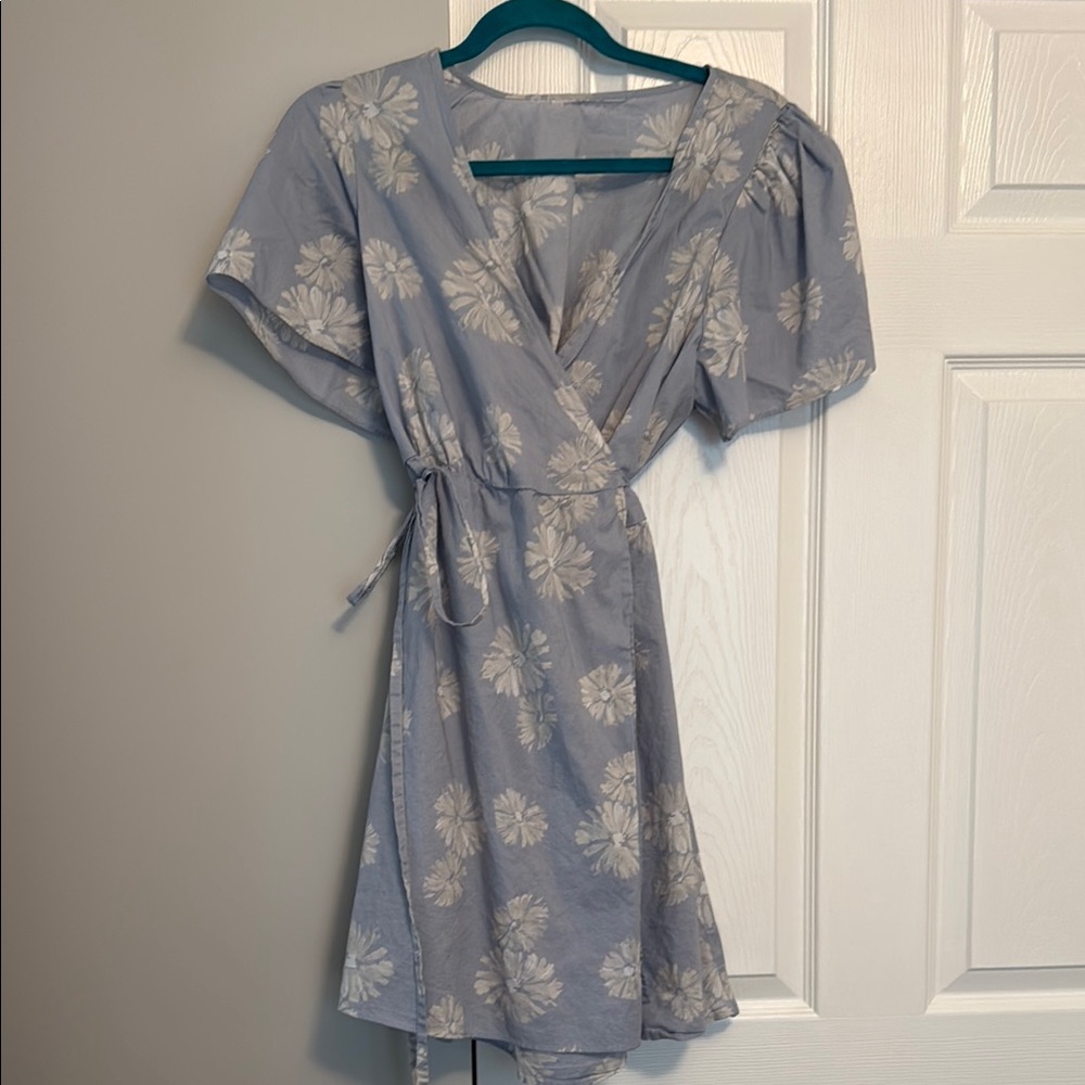 Floral Wrap Dress in Light Blue and White
